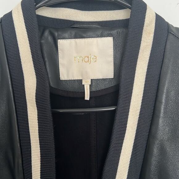 Maje Black and Cream Varsity Jacket leather cropped 3/4 sleeves 40 US 8 - Picture 3 of 8